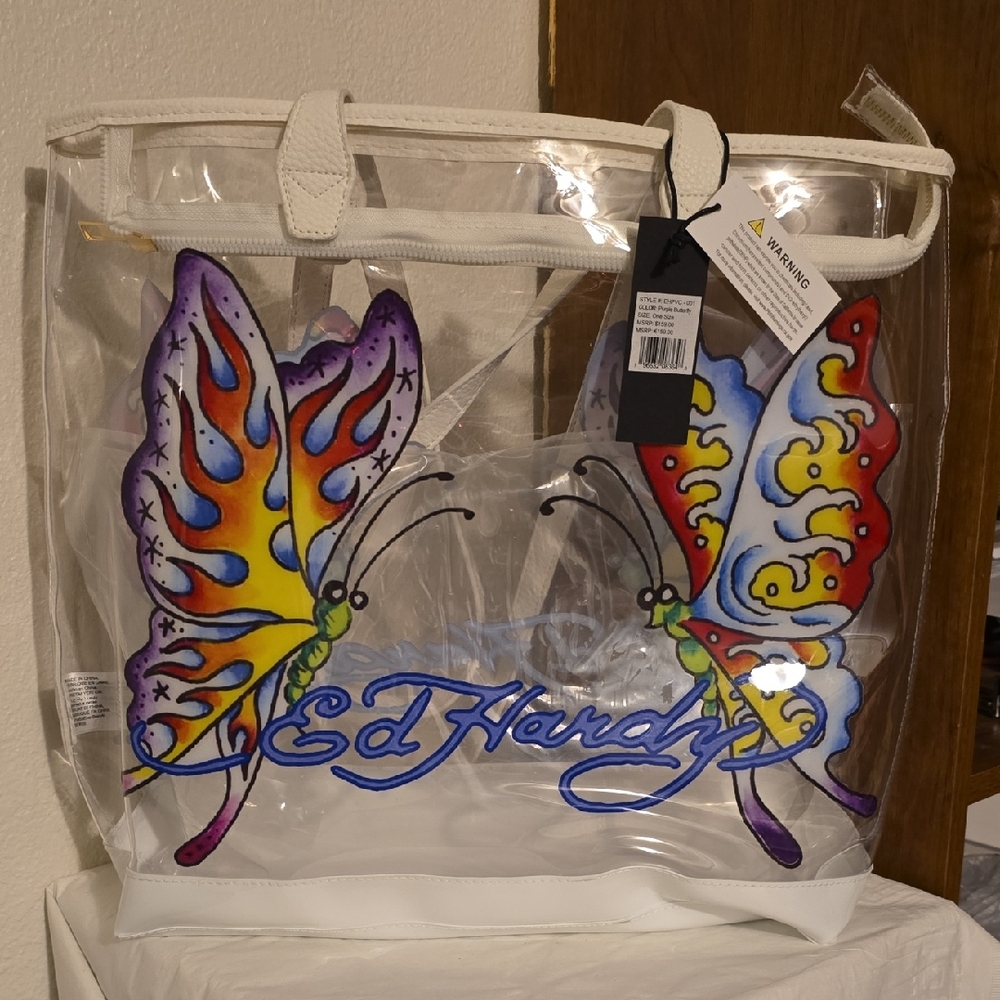 Ed Hardy Clear Tote with Vibrant Butterfly Design